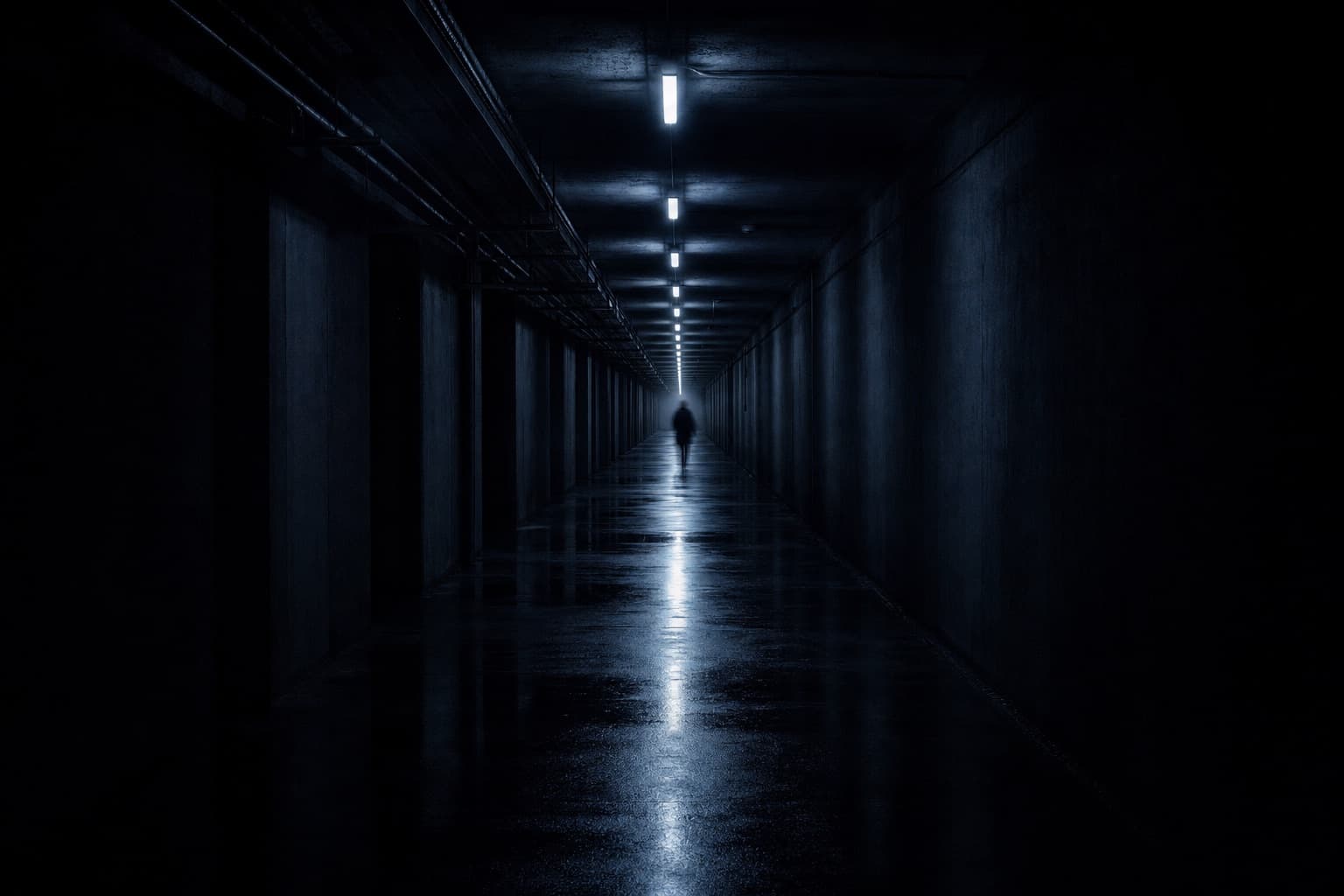 Un lungo corridoio industriale illuminato da una fila di luci fredde, con una figura in lontananza