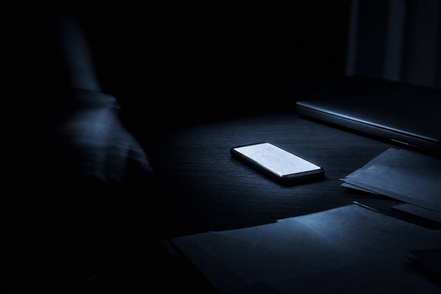 Uno smartphone acceso su una scrivania al buio, fra documenti stampati, con una mano sfocata che esce dall’inquadratura