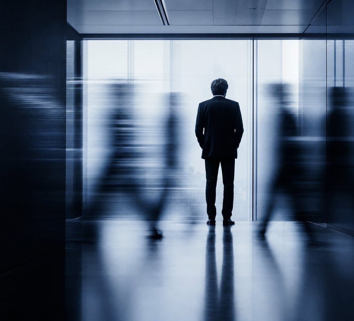 Persone che attraversano un corridoio di vetro, sfocate dal movimento, mentre una resta ferma